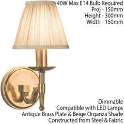 Avery Luxury Single Arm Wall Light Traditional Antique Brass & Beige Pleat Shade - thumbnail 2
