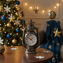 Lantern Oil Lamp Table Clock Shiny Black 21Cm Metal Desk Clock Battery Operated Silent Non-Ticking Alarm Clock For Bedroom - thumbnail 7