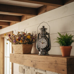 Lantern Oil Lamp Table Clock Shiny Black 21Cm Metal Desk Clock Battery Operated Silent Non-Ticking Alarm Clock For Bedroom - thumbnail 4