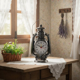 Lantern Oil Lamp Table Clock Shiny Black 21Cm Metal Desk Clock Battery Operated Silent Non-Ticking Alarm Clock For Bedroom - thumbnail 2