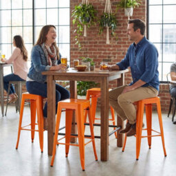 "Fwstyle Bistro Metal Bar Stools Set Of 4 30"" Orange Gloss Galvanised Steel Indoor & Outdoor Ready Assembled" - thumbnail 1
