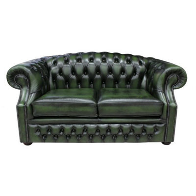 Chesterfield 2 Seater Antique Green Leather Sofa Bespoke In Buckingham Style - image 1