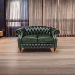 Chesterfield 2 Seater Antique Green Leather Sofa Bespoke In Buckingham Style - thumbnail 3