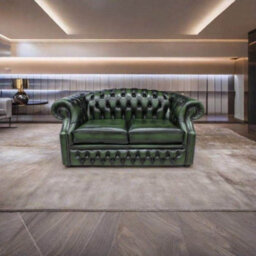 Chesterfield 2 Seater Antique Green Leather Sofa Bespoke In Buckingham Style - thumbnail 2