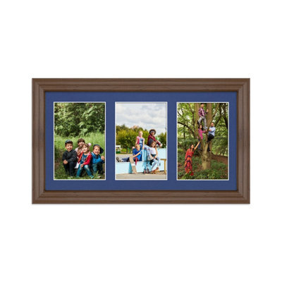 AK Frames 40X20Cm Walnut Classic Multi Photo Frame With Blue Mount - Holds 3 Apertures (3X) 6X4 Photos - image 1