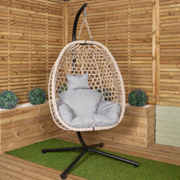 Samuel Alexander Hanging Garden Rattan Egg Chair With Steel Frame And Waterproof Cover In Cool Grey - thumbnail 1