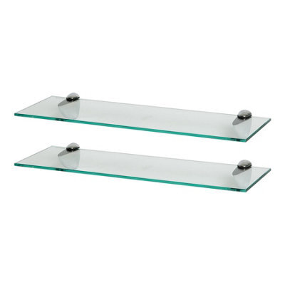 Harbour Housewares 2X Floating Glass Shelves - 60Cm - Silver Brackets - Bathroom Shower Storage Vanity Display Unit Shelf - image 1