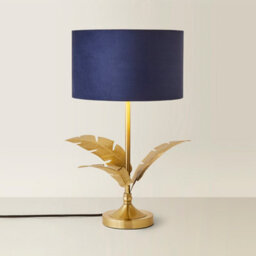 Valuelights Christina Navy Blue Velvet With Gold Inner Drum Shade Gold Palm Leaf Table Lamp