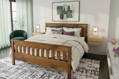 Nodax Double Bed Frame, F16, Solid Pine Wood, Easy Assembly, Sturdy Slats & Extra Support Legs, 4Ft 6In, Oak Finish - image 1