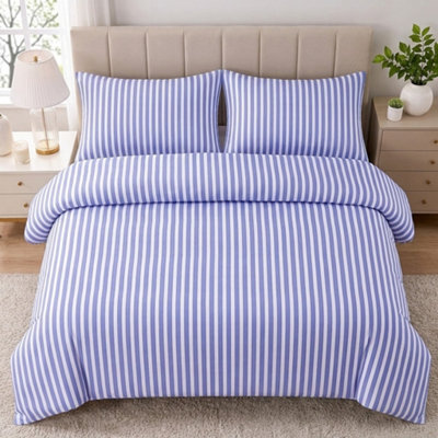 Blue Stripe Duvet Cover Set Soft Microfibre Bedding With Matching Pillowcase(S), Breathable Easy Care Hotel Style Bed Linen - image 1