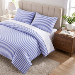 Blue Stripe Duvet Cover Set Soft Microfibre Bedding With Matching Pillowcase(S), Breathable Easy Care Hotel Style Bed Linen - thumbnail 4