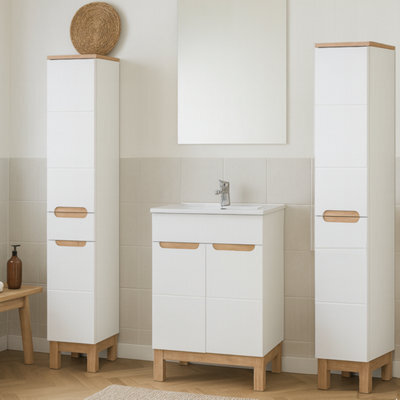 Impact Furniture Bathroom Furniture Set Freestanding Cabinets Storage 600mm Vanity Sink Basin Laundry Slim Tall Unit White Gloss Oak Bali - image 1