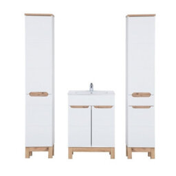 Impact Furniture Bathroom Furniture Set Freestanding Cabinets Storage 600mm Vanity Sink Basin Laundry Slim Tall Unit White Gloss Oak Bali - thumbnail 2
