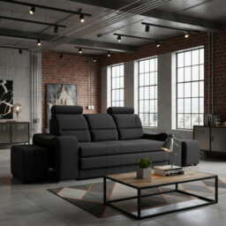 Wenus Upholstered Sofa Bed Dl Sleeping Function With Two Pouffes Adjustable Headrests 205X93X95 Cm Black - thumbnail 4