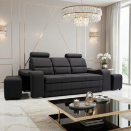 Wenus Upholstered Sofa Bed Dl Sleeping Function With Two Pouffes Adjustable Headrests 205X93X95 Cm Black - thumbnail 2
