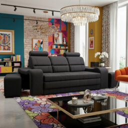 Wenus Upholstered Sofa Bed Dl Sleeping Function With Two Pouffes Adjustable Headrests 205X93X95 Cm Black - thumbnail 3