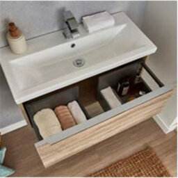Clifton 1200mm Bathroom Wall Mounted Drawer Unit And Twin Ceramic Basin Sonoma Oak (Central) - Brassware Not Included - thumbnail 4