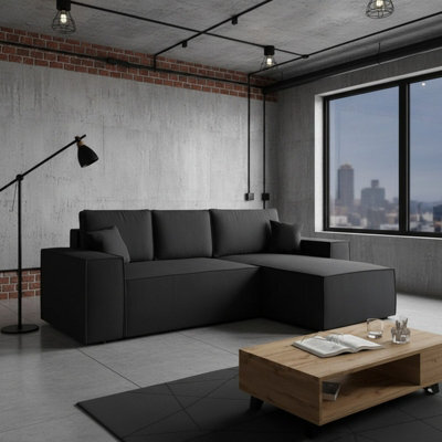 Malaga L Shaped Mdf Corner Sofa Bed With Storage And Pull Out Seat Loose Back Cushions Black Right - image 1