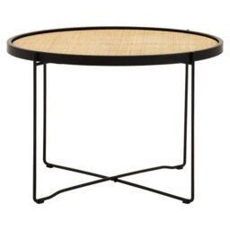 Orsina Natural Rattan Top Round Coffee Table, Hand Woven Square Webbed Small Table, Sleek Wooden Coffee Table