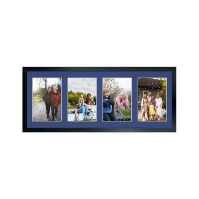 AK Frames 50X20Cm Black Sleek Multi Photo Frame With Blue Mount - Holds 4 Apertures (4X) 6X4 Photos - image 1