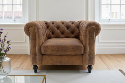 Faux Leather Suede Brown 1 Seater Chesterfield Sofa With Wooden Feet Camden - image 1