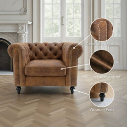 Faux Leather Suede Brown 1 Seater Chesterfield Sofa With Wooden Feet Camden - thumbnail 8