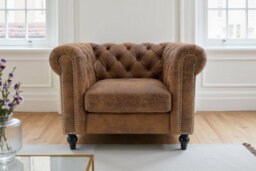 Faux Leather Suede Brown 1 Seater Chesterfield Sofa With Wooden Feet Camden