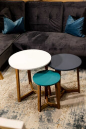 LPD Jasper Oak Round Nesting Tables Set Of 3 Aqua Blue White Tops Contemporary Design - thumbnail 3