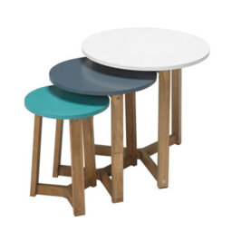 LPD Jasper Oak Round Nesting Tables Set Of 3 Aqua Blue White Tops Contemporary Design