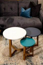 LPD Jasper Oak Round Nesting Tables Set Of 3 Aqua Blue White Tops Contemporary Design - thumbnail 2