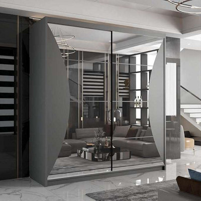 Sliding Wardrobes 4 u LTD Modern Sliding Wardrobe With Led Light - Full-Length Mirror Enhanced Storage Grey 150Cm/(203Cm) - image 1