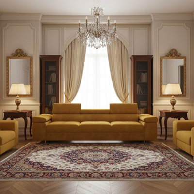Torezio 3 Seater Sofa Bed Has Adjustable Headrests And Dolphin Mechanism Mustard - image 1