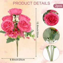 2 Artificial Silk Flower Bouquets, Fake Fabric Rose Flowers For Wedding Party, Centerpiece Decoration, Home (Morado Rosa Intenso) - thumbnail 2