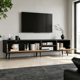 Btm Geometric Tv Stand, Black Media Console, Open Shelf & Cabinets, Living Room Storage - thumbnail 7