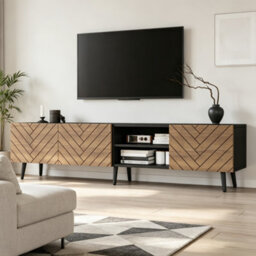 Btm Geometric Tv Stand, Black Media Console, Open Shelf & Cabinets, Living Room Storage - thumbnail 1
