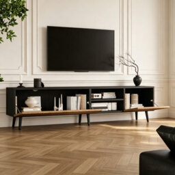 Btm Geometric Tv Stand, Black Media Console, Open Shelf & Cabinets, Living Room Storage - thumbnail 6