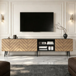 Btm Geometric Tv Stand, Black Media Console, Open Shelf & Cabinets, Living Room Storage - thumbnail 9