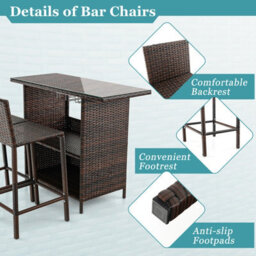 Costway 3 Piece Patio Wicker Garden Bar Set Rattan Bar Height Table Chair Set W/ Stemware Racks - thumbnail 8