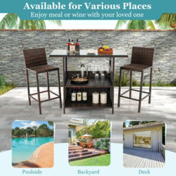 Costway 3 Piece Patio Wicker Garden Bar Set Rattan Bar Height Table Chair Set W/ Stemware Racks - thumbnail 9