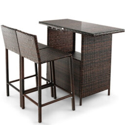 Costway 3 Piece Patio Wicker Garden Bar Set Rattan Bar Height Table Chair Set W/ Stemware Racks - thumbnail 2