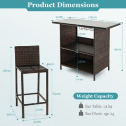 Costway 3 Piece Patio Wicker Garden Bar Set Rattan Bar Height Table Chair Set W/ Stemware Racks - thumbnail 3