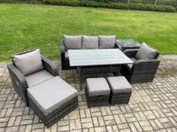Fimous 8 Pcs Rattan Outdoor Garden Furniture Set Rectangular Dining Table And Chair Sofa Set With Side Table 3 Footstools - thumbnail 2