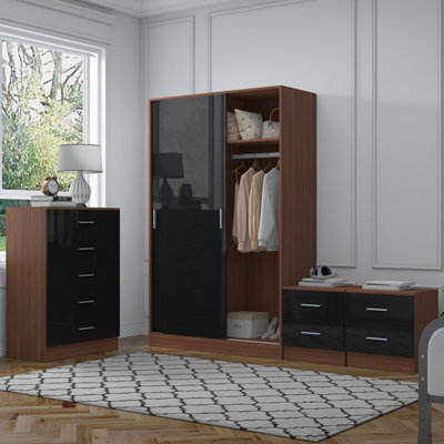 Reflect 2 Door Sliding Wardrobe, 5 Drawer Chest, 2X 2 Drawer Bedsides - Black Gloss & Walnut - Modern Bedroom Furniture Set - image 1