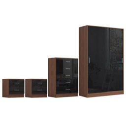 Reflect 2 Door Sliding Wardrobe, 5 Drawer Chest, 2X 2 Drawer Bedsides - Black Gloss & Walnut - Modern Bedroom Furniture Set - thumbnail 5