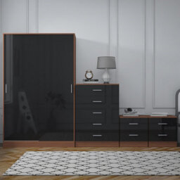 Reflect 2 Door Sliding Wardrobe, 5 Drawer Chest, 2X 2 Drawer Bedsides - Black Gloss & Walnut - Modern Bedroom Furniture Set - thumbnail 4