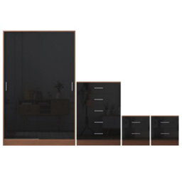 Reflect 2 Door Sliding Wardrobe, 5 Drawer Chest, 2X 2 Drawer Bedsides - Black Gloss & Walnut - Modern Bedroom Furniture Set - thumbnail 7