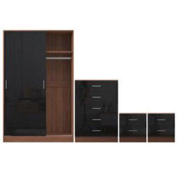 Reflect 2 Door Sliding Wardrobe, 5 Drawer Chest, 2X 2 Drawer Bedsides - Black Gloss & Walnut - Modern Bedroom Furniture Set - thumbnail 6