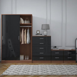 Reflect 2 Door Sliding Wardrobe, 5 Drawer Chest, 2X 2 Drawer Bedsides - Black Gloss & Walnut - Modern Bedroom Furniture Set - thumbnail 3