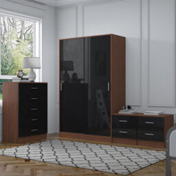 Reflect 2 Door Sliding Wardrobe, 5 Drawer Chest, 2X 2 Drawer Bedsides - Black Gloss & Walnut - Modern Bedroom Furniture Set - thumbnail 2
