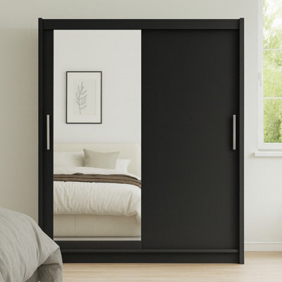 Bega Vi 180 Cm Sliding Doors Wardrobe With Mirror Hanging Rail And Shelves Black - image 1